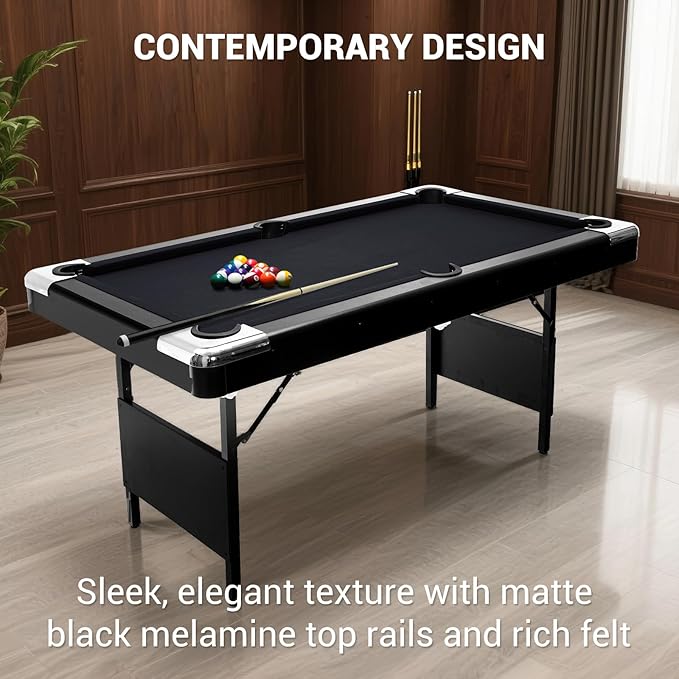 7 Foot Pool Table for Family, Foldable No Assembly Pool Table with Balls, Cues, Chalk, Rack & Brush, Portable Billiards Game Table for Apartment, Basement, Office & Game Room