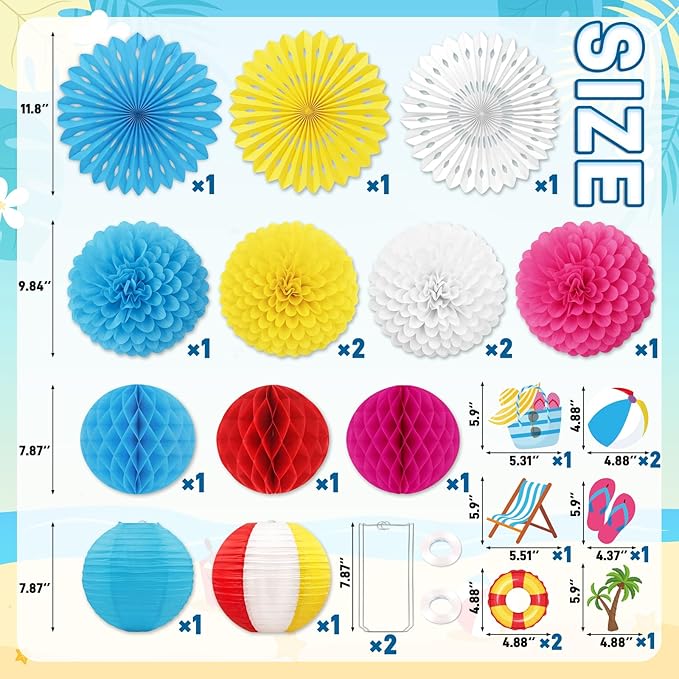 22pcs Summer Pool Party Decorations – Hanging Paper Fans, Beach Ball Lanterns, Pom Poms, Honeycomb for Hawaiian Luau Theme Birthday, Classroom, Outdoor Indoor Decor