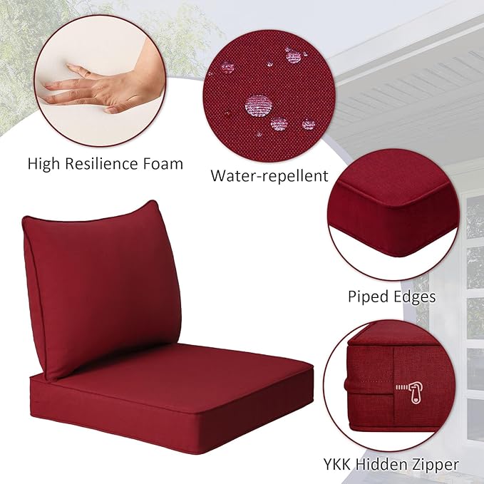 Outdoor Patio Chair Cushions Set, 24" x 24", Set of 2, Water-Repellent, Fade Resistant, Deep Seat Bottom and Back Cushion for Backyard, Couch, Sofa and Patio Furniture, Red