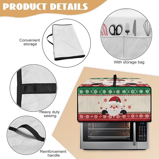 Christmas Countertop Convection Oven Cover Decorative Air Fryer Toaster Oven Dust Cover for Winter Holiday Home Kitchen Indoor Decor, M, Santa Claus Snowflake Red Green Beige