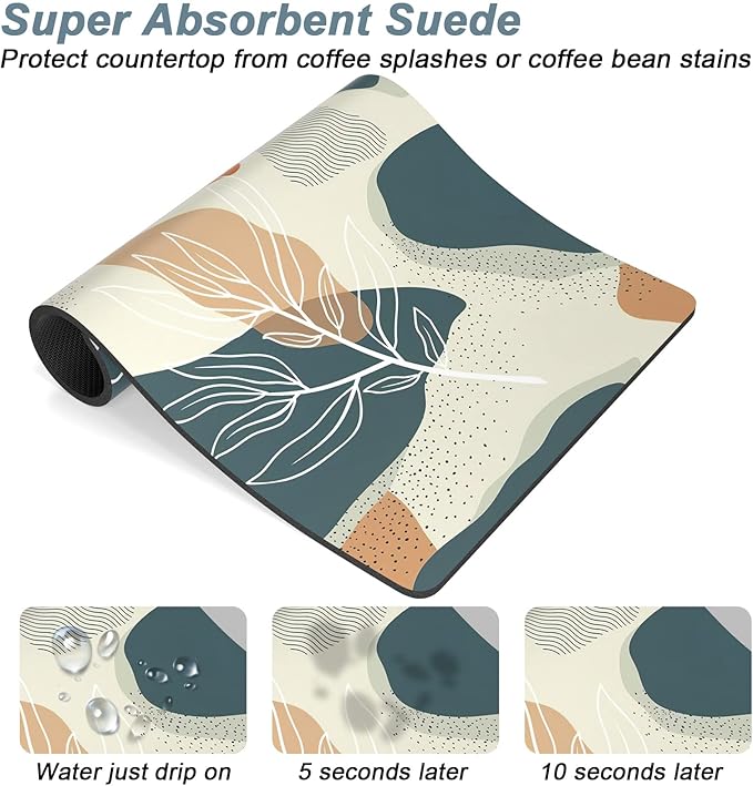 Rnivvi Coffee Mat, 16" x 24" Cute Boho Theme Coffee Bar Mats for Espresso Machine Station Accessories and Organizer, Hide Stain Rubber Backed Absorbent Dish Drying Pad for Kitchen Counter, Leaves