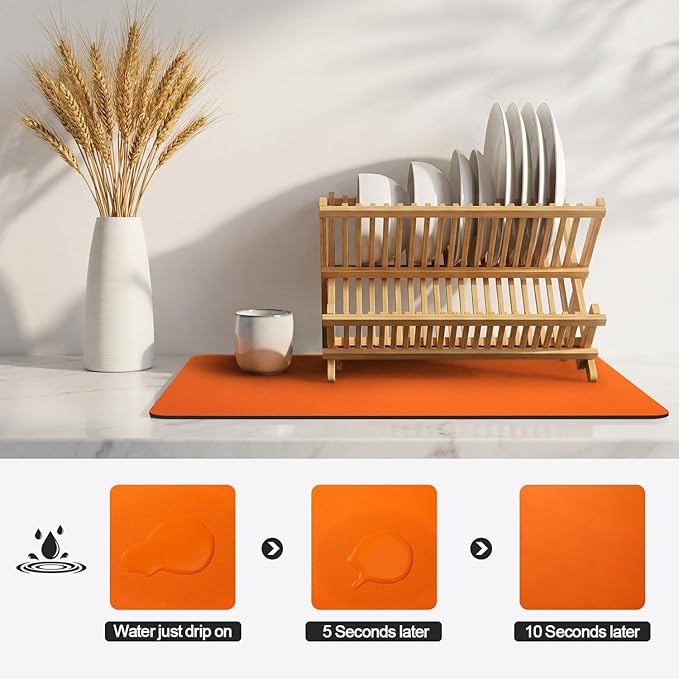 Ecotrim - Dish Drying Mat for Kitchen Counter | Coffee Bar Mat for Countertops | Heat Resistant Drainer Mat with Non-slip Rubber Backed | Hide Stain Kitchen Absorbent Draining Mat | Orange 16"x24"