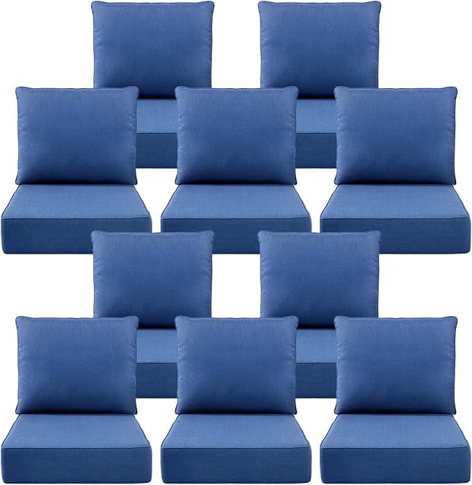 Luxury 6" Outdoor Cushions for Patio Furniture, 24x24x6" Thick Seat Cushion Set of 10, Fade Resistant Couch Chair Replacement Cushions High Density Deep Wicker Chair Cushion w/ Removable Cover, Blue