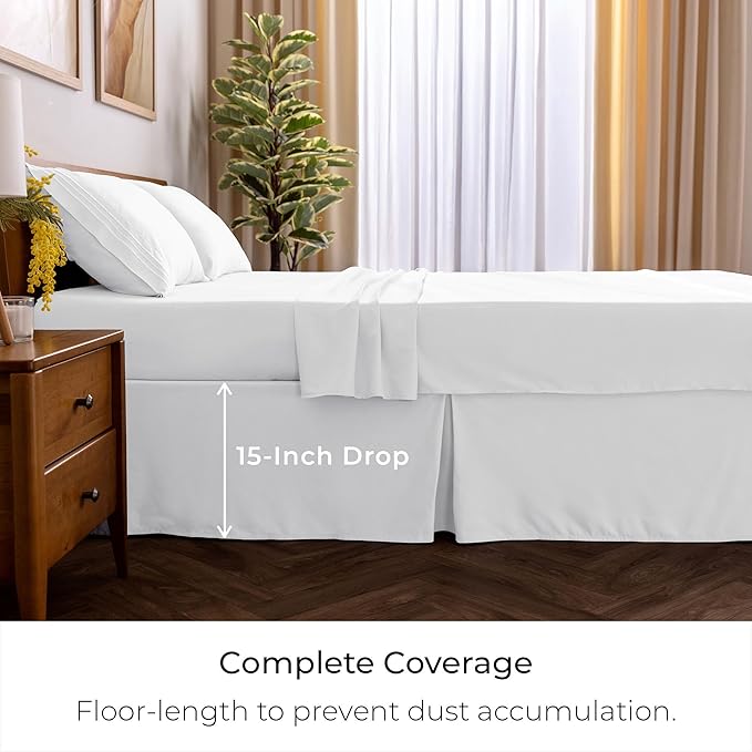 Mellanni Bed Skirt King Size - Bed Skirting - 15-Inch Tailored Drop Pleated Dust Ruffle - Hotel Luxury Bedding - Wrinkle, Fade, Stain Resistant - 1 Bedskirt (King, White)