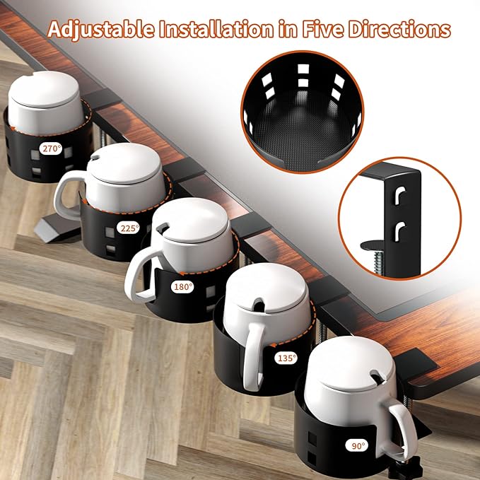 2 Pack Large Desk Cup Holder, OOKUU Anti-Spill Cup Holder for Desk or Table, Sturdy and Durable, Easy to Install, Enough to Hold Coffee Cups, Water Bottles, Gaming PC Office Accessories, Black