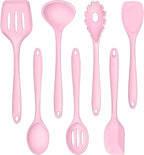 TeamFar Silicone Cooking Utensil Set of 7, Kitchen Nonstick Tools Turner Spoon Spatula Ladle Pasta Server for Nonstick Cookware, Healthy & One-Piece, Anti-Heat & Dishwasher Safe - Pink