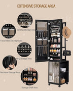 Hzuaneri 8 LEDs Jewelry Cabinet Armoire, 66.9-inch Jewelry Organizer with Garment Rack, Lockable Full-length Mirror with 4 Wheels, Storage Shelves with Hooks, 5-in-1, Black JC17004B