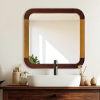 Bathroom Mirror 24 x 24 Inch,Brown Wood Rustic Rectangle Tempered Wall Mirror with Wood Frame,Round Corner Farmhouse Wooden Vanity Mirror for Living Room,Entryway or Bedroom（Walnut Brown）