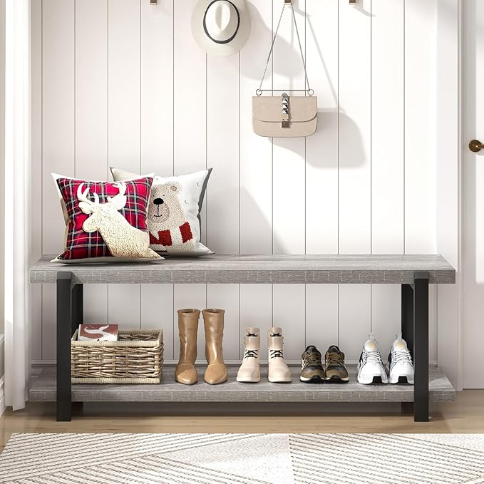 FOLUBAN Entryway Bench, Vintage Wood and Metal Shoe Bench for Hallway Front Door Entrance, Farmhouse Indoor Shoe Storage Bench Seat for Bedroom, Living Room, Light Grey, 47 Inch