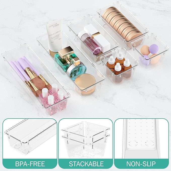 WOWBOX 9 Pack Clear Drawer Organizer Set, Acrylic Drawer Storage Trays, Storage Bins for Makeup, Cosmetics, Jewelries, Utensils, Gadgets, Office