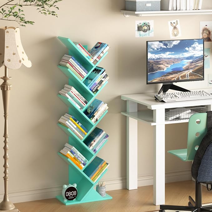 SHEEPAM 10 Tier Tree Book Shelf, Floor Standing Wood Bookshelf