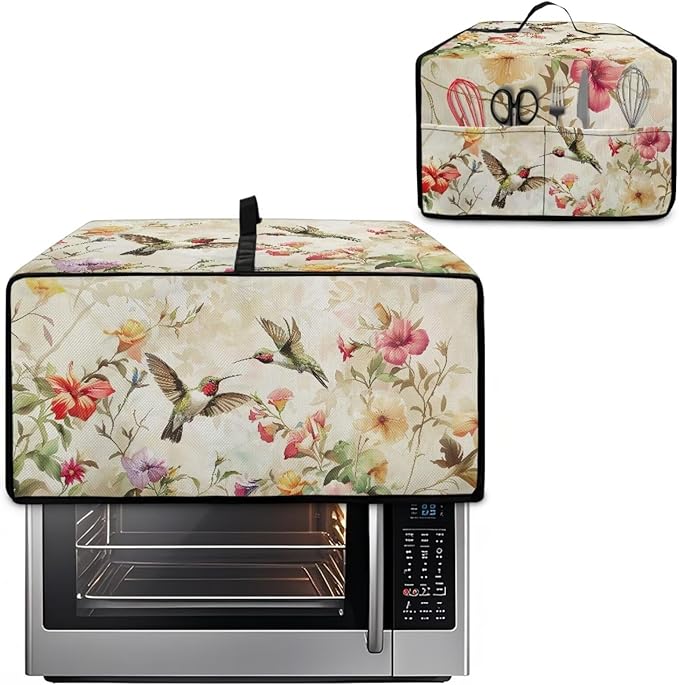 Convection Toaster Oven Cover Decorative Dustproof Convection Microwave Oven Cover with Storage Pockets for Kitchen Countertop, S, 14.5 x 18.5 x 9 Inches, Retro Hummingbird Floral
