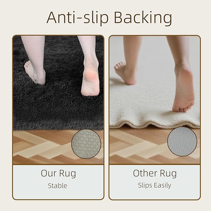 5x7 Solid Fluffy Black Area Rug – Washable, Durable,Large Living Room Rug, Non-Slip High Pile Shag Rugs for Bedroom, Bedside, Dorms, Nursery Rooms, Kids Room, Soft Indoor Floor Carpet Decor
