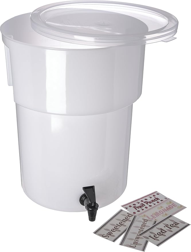 Carlisle FoodService Products Round Beverage Dispenser Drink Dispenser with Spigot for Catering, Plastic, 5 Gallons, White