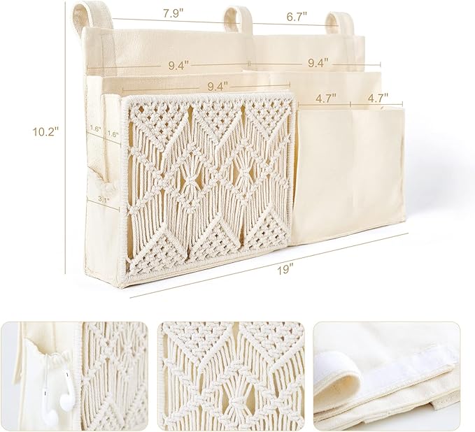 Mkono Bedside Caddy Hanging Organizer, Bunk Woven 7 Pockets Bed Storage Bag Boho Remote Magazine Books Holder with Macrame for Loft Bed College Dorm Bedroom Baby Bed Rails, Ivory