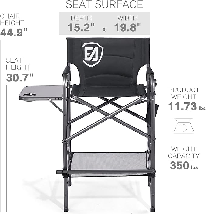 EVER ADVANCED 30.7" Seat Height Directors Chair for Makeup Artist with Side Table Easy Get in Out for Elderly Tall Camping Chair Supports 350lbs Black
