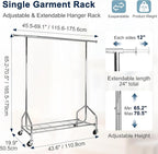 Whitmor Heavy Duty Clothes Rack, Rolling Garment Rack with Lockable Wheels, Adjustable & Extendable Metal Clothing Rack Shelves with Bottom Shelf, Max Load 450LBS for Hanging Clothes, Chrome
