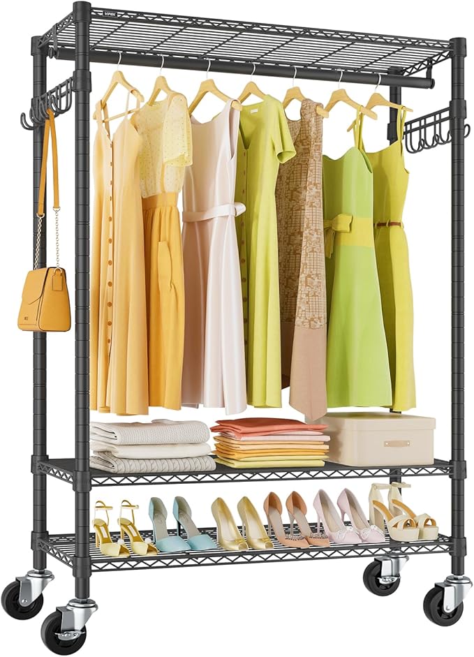 VIPEK R3 Plus Rolling Clothes Rack with Locking Wheels, Portable Closet for Hanging Clothes Heavy Duty Garment Rack with Adjustable Shelves and Side Hooks, Metal Wardrobe for Home Storage, Black