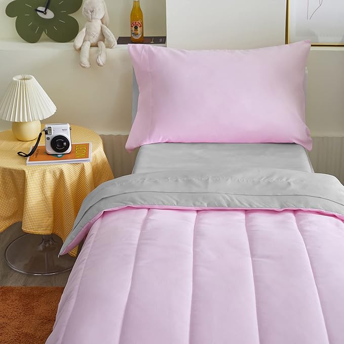 UOZZI BEDDING 4 Pieces Toddler Bedding Set Ultra Soft and Breathable Toddler Sheet Set - Includes Comforter, Flat Sheet, Fitted Sheet and Pillowcase - Pink & Gray