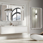 Brushed Nickel Bathroom Wall Mirror, Silver Metal Framed Large Rounded Corner Rectangle Mirror, Tempered Glass, Shatter Proof, Hangs Horizontally or Vertically (30" x 48", Silver)