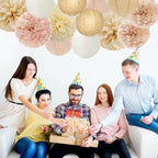 Champagne-Gold White Party-Decorations Paper-Flowers Lanterns - 15PCS Boho Fall Rustic Tissue Pom Poms Streamers,Wedding Baby Bridal Shower Neutral Autumn Birthday Hanging Supplies Decor Hugfond