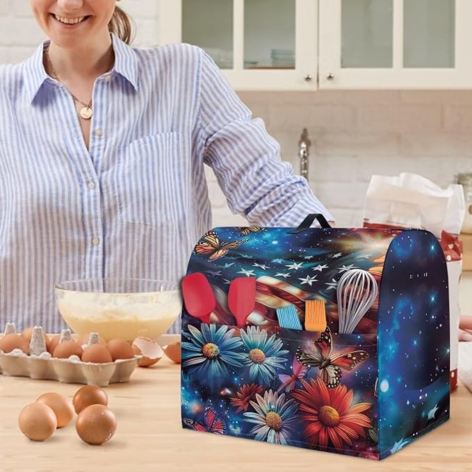 American Flag Daisy Butterfly Mixer Cover Protector, Dust Covers for 6-8 Quart Kitchen Aid Mixer, Polyester, Waterproof, Multicolor, Drawstring Closure