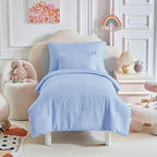 Toddler Bedding Set - 5 Piece Soft and Breathable Toddler Bed Set for Boys and Girls, Includes Quilted Comforter, Fitted Sheet, Flat Top Sheet, Standard Pillowcase and Toddler Pillowcase, Light Blue
