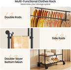 Double Rods Clothes Rack, Rolling Clothing Rack for Hanging Clothes Closet Rack with Wheels, Metal Portable Garment Rack with Double Shelves for Bedroom Laundry Living Room, Matte Black