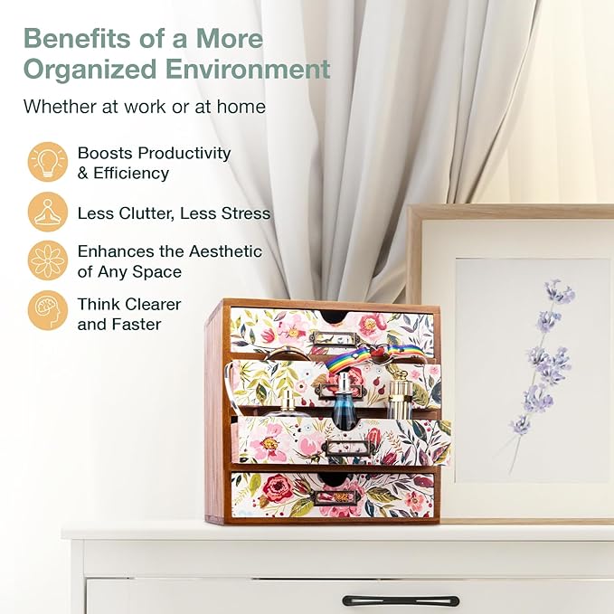 4-Drawer Vintage Desk Wood Storage Box With Drawers in Floral Chintz - Wooden Table Organizer I End Clutter & Dullness, Personalize Your Workspace - Beautiful Flower Design for Office & Home