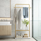 TIEOU Gold Coat Racks with Shelf, Heavy Duty Gold Clothing Racks for Boutiques, Free-Standing Metal Garment Rack for Hanging Clothes, Modern Clothes Rack Entryway(2 tier)