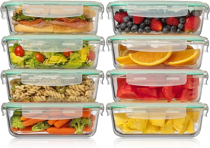Fusion Gourmet 8 Pack 35 oz Glass Storage Containers with Lids - Airtight, Leakproof, Oven, Microwave & Freezer Safe, Stain & Odor Resistant, Reusable Meal Prep Containers (16-Piece)