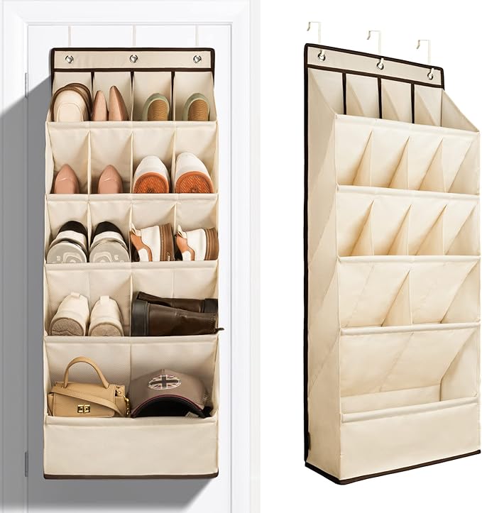 FENTEC 1 Pack Over the Door Shoe Organizers, Hanging Shoe Organizer with Large Deep Pocket Shoe Holder for Closet Shoes Rack for Wall, Over Door Shoe Storage Hold up to 18 Pairs Shoes, Beige