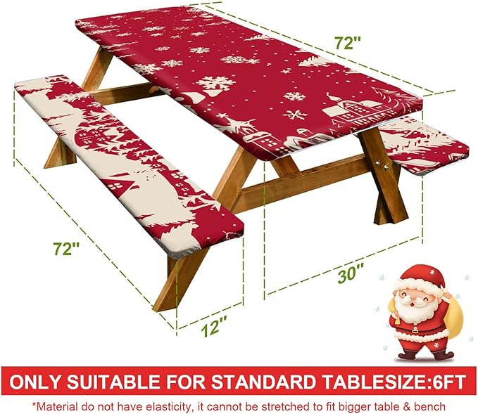 Picnic Table Cover with Bench Covers Set of 3, Elastic Fitted Tablecloth for 6 Foot Tables, Washable Polyester Tablecloths for Camping, Indoor & Outdoor