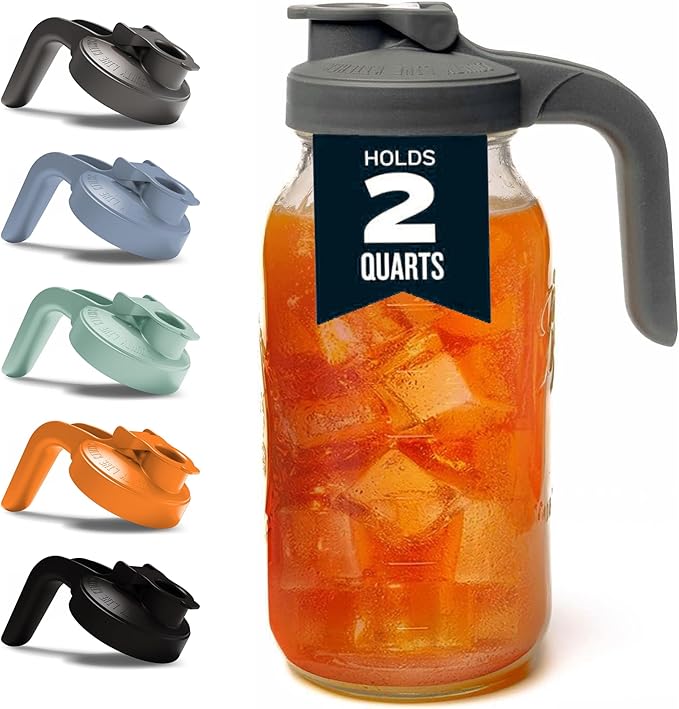 County Line Kitchen Glass Mason Jar Pitcher with Lid - Wide Mouth, 2 Quart (64 oz) - Heavy Duty, Leak Proof - Sun & Iced Tea Pitcher, Cold Brew Coffee, Breast Milk Storage, Water - Gray