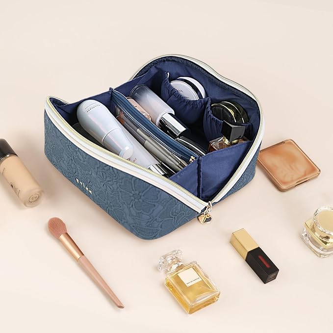 Prite Makeup Bag for Women Travel Waterproof Vegan Leather Cosmetic Bag Open Flat Toiletry Bag With Clear Divider and Handle (Blue Flower, Large)