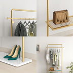 TIEOU Gold Coat Racks with Shelf, Heavy Duty Gold Clothing Racks for Boutiques, Free-Standing Metal Garment Rack for Hanging Clothes, Modern Clothes Rack Entryway(2 tier)