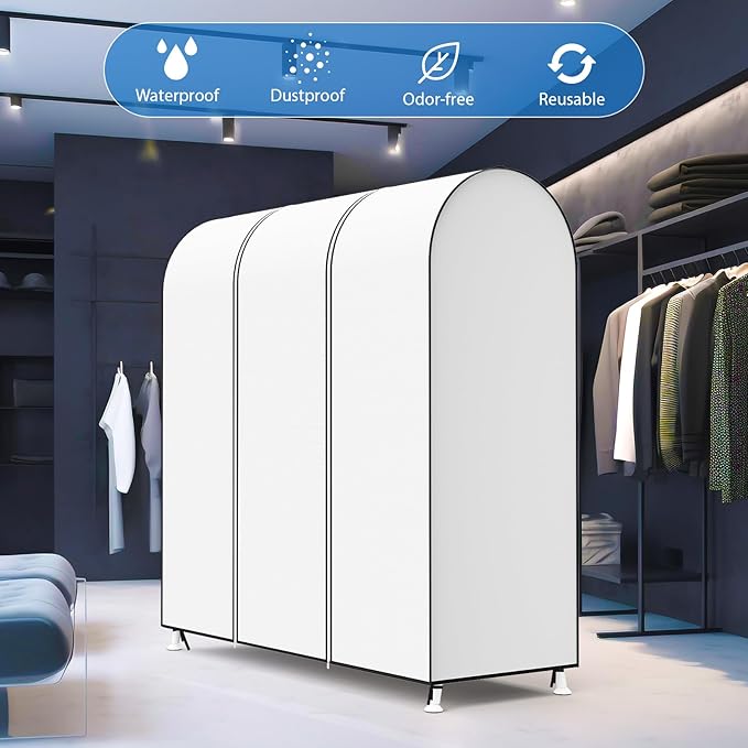 Zilink 60'' Garment Rack Cover Dustproof Clothes Rack Cover Breathable Garment Bags Protector Wardrobe Cover with 2 Durable Zippers for Garment Rack, White (Rack Not Included)