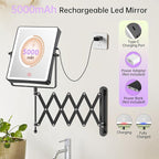 FASCINATE 5000mAh Rechargeable Wall Mounted Makeup Mirror with Lights, 8.7 Inch Double Sided Touch Switch 1X 30X Magnifying Bathroom Mirror, 3 Color Lights, Extended Arm 360°Rotation (Black)
