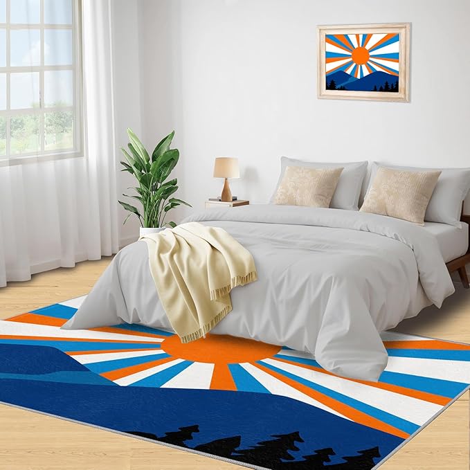 Boho Sun Area Rugs 5x7ft, Abstraction Deco Rugs for Living Room, Minimalist Sunburst Floor Rug Sturdy and Non-Shedding for Bedroom Hardwood Floors Teen Room