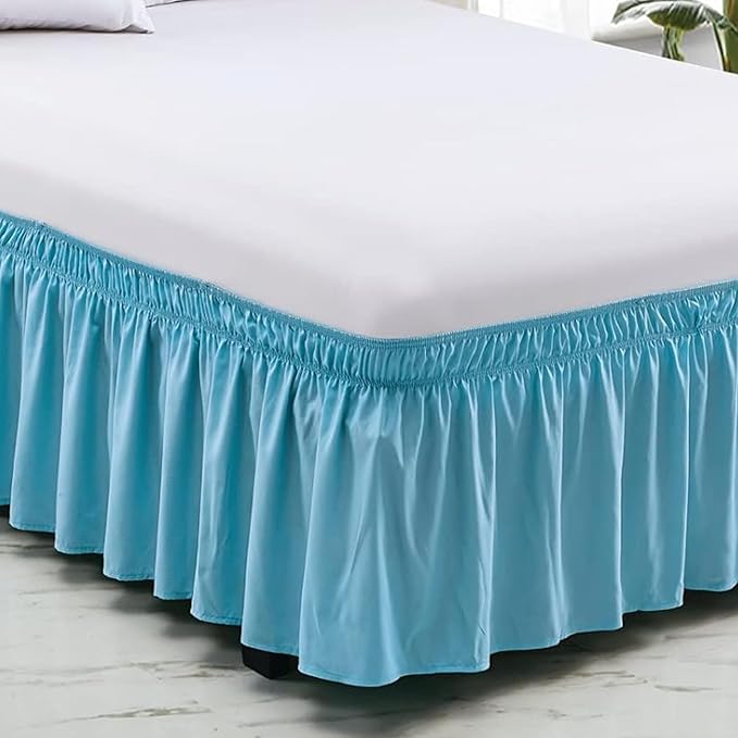 Light Blue Wrap Around Bed Skirts with 16" Drop - Three Sides Fabric Adjustable Elastic Dust Ruffle Silky Soft -600 TC Stretchy Bed Skirt-RV King(72"X 80") Light Blue