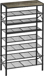 8-Tier Tall Shoe Rack Organizer Shoe Storage for Entryway 24-32 Pairs Metal Shoe Rack for Closet Heavy-Duty Shoe Rack with Wooden Top Shelf for Garage Gray