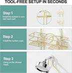 SRIWATANA Shower Caddy Hanging, Bathroom Organizer, No Drilling Shelves Over Shower Head, Bath Rack Holder with Hooks for Razors and Sponge - Gold