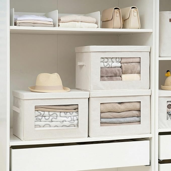 4-Pack Storage Bins with Lids, Fabric Foldable Storage Bins with Soft Cord Handles, Cube Closet Storage Baskets with Lids, Organizers for Organizing Clothes and Books, Beige