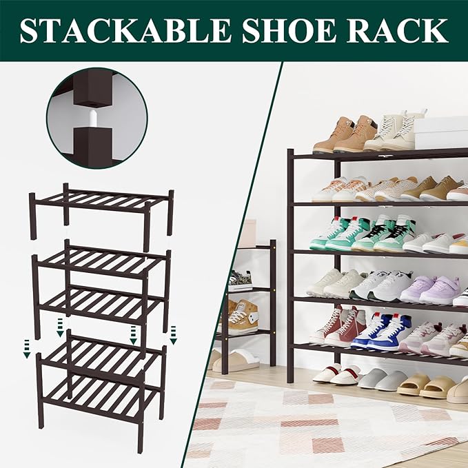 Smiry Long Bamboo Shoe Rack, 3 Tier Free Standing Wooden Shoe Organizer, Stackable Wood Shoe Storage Shelf for Closet, Entryway, 12 Vertical Slats, 2+1 Stack Standard Legs, 33.7"x11"x19.5", Brown