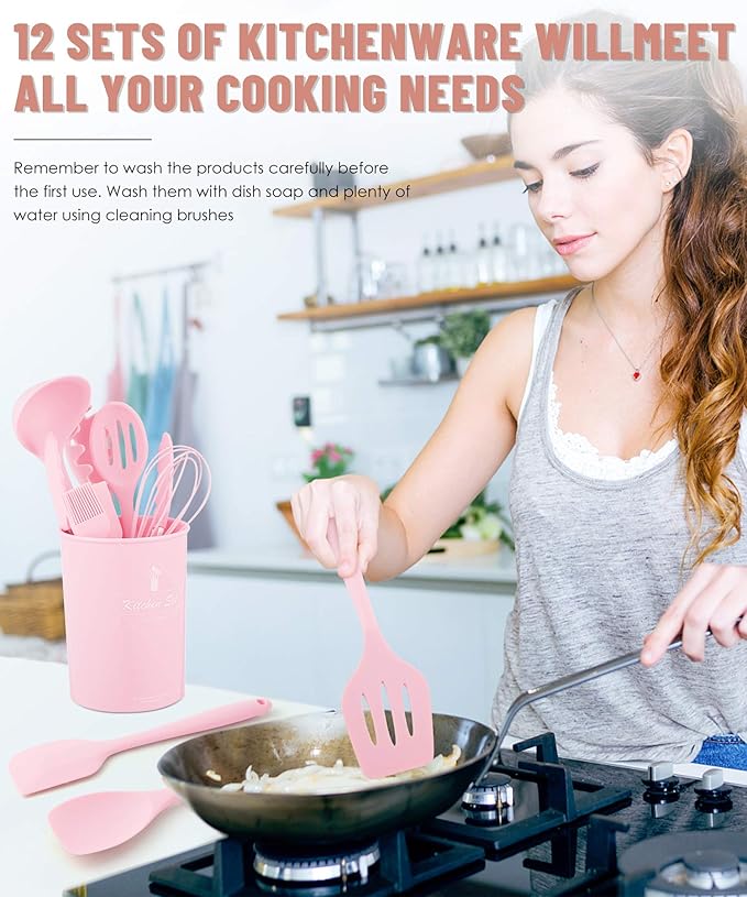 Kitchen Utensils Set-12 Pieces Silicone Cooking Utensils Set (Dishwasher Safe) 392°F Heat Resistant Spatula Set, Nonstick Cookware