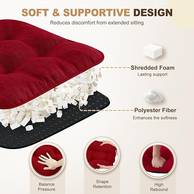 downluxe Indoor Chair Cushions for Dining Chairs, Tufted Overstuffed Textured Foam Kitchen Chair Pads with Ties and Non-Slip Backing, 15.5" x 15.5" x 4", Red, 6 Pack
