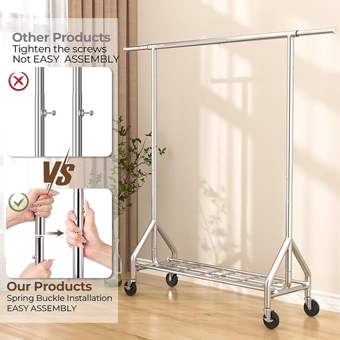 HYSEYY Heavy Duty Clothes Rack Load 450 LBS, Metal Garment Rack, Standing Rolling Clothing Rack for Hanging Clothes with Sturdy Wheels & Shelves, Portable Closet Wardrobe Rack,Sliver