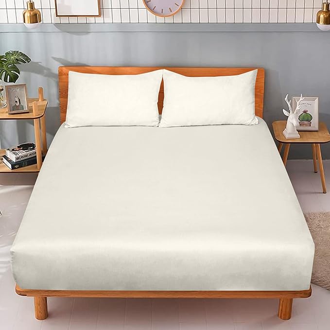 ROYALE LINENS 300 Thread Count 100% Long Staple Combed Cotton Fitted Sheet King - Super Soft Deep Pocket Bottom Sheet - Fitted Sheets Only - Elastic Sheets (King, Cream)