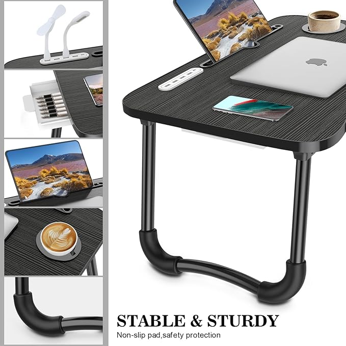 Zapuno Laptop Lap Desk, Foldable Laptop Table Tray with 4 USB Ports Storage Drawer and Cup Holder, Lap Bed Desk Notebook Stand Laptray Portable Standing Table for Bed Couch Floor