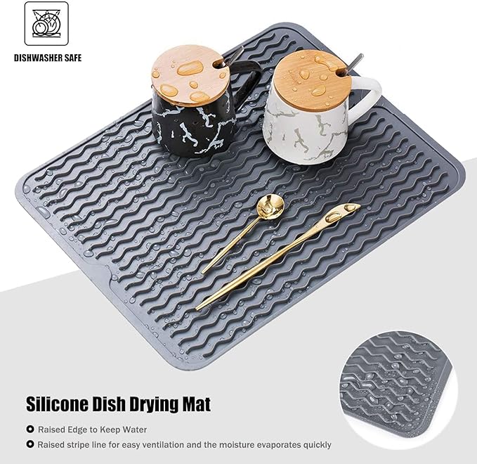 Large 17" x 14" Silicone Dish Drying Mat for Kitchen Counter, Easy clean, Quick Dry, Heat-resistant Dish Drainer Mat for Sink,Refrigerator or Drawer liner (Food Grade Silicone-White)